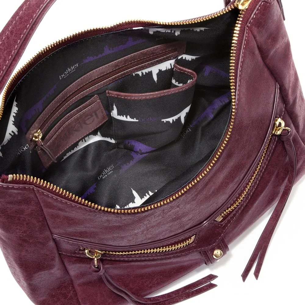 Botkier Purple Distressed Leather Hobo Zip Top Pocket Bag